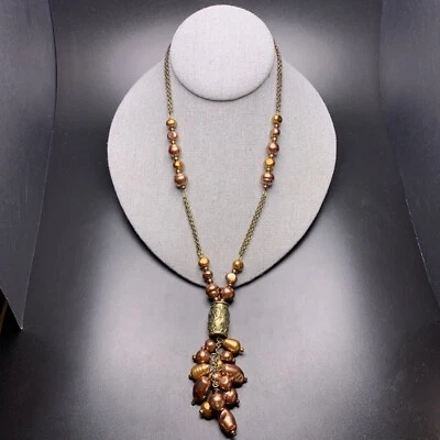 Ожерелье с подвеской в виде кисточки с коричневым жемчугом Coldwater Creek антикварное золотистый кластер - Изображение 1 из 4