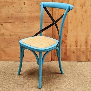 NEW BLUE BENTWOOD CROSS BACK RATTAN SEAT CAFE CHAIR DINING ACCENT WOOD THONET - Picture 1 of 4