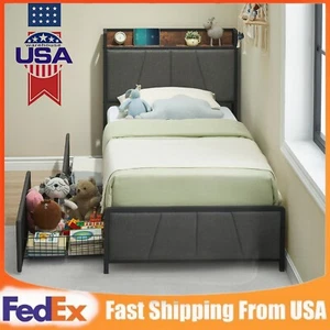 Twin Size Bed Frame with 2 Storage Drawers Upholstered Headboard Metal Platform - Picture 1 of 8