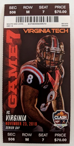 2018 Virginia Tech vs Virginia Ticket Stub 11/23/2018 Cover