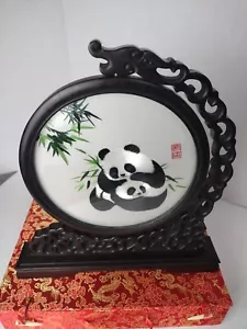 Vintage Chinese Modern Panda Double Sided Embroidered Decor W/Original Box - Picture 1 of 13