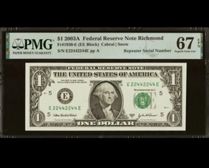 2003 A $1 Dollar Paired Quad True Repeater Serial # E22442244E PMG 67 EPQ Gem - Picture 1 of 2