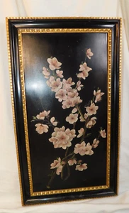 VICTORIAN~OIL PAINTING ON PANEL~BRANCHES~CHERRY BLOSSOMS~ANTQ BLACK & GOLD FRAME - Picture 1 of 18