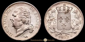 Francia - Louis XVIII 5 Francs (25,02g) 1822 Lille Ensayador W GAD-614 XF - Picture 1 of 3