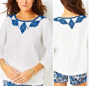Neu mit Etikett Lilly Pulitzer Top Gr. 10 Elyn Perlen Leinen Resort weiß blau Stickerei - Bild 1 von 3