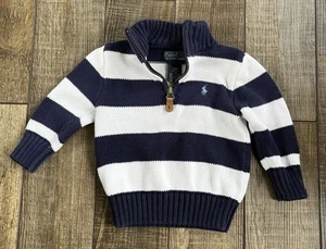 Polo Ralph Lauren Jungen Strick 1/4 Reißverschluss Pullover Sweater marineblau/weiß Kleinkind 18 Monate - Bild 1 von 3