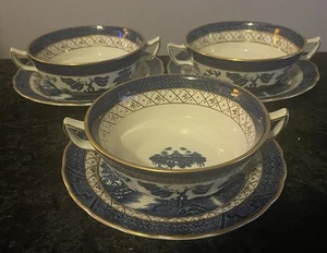 Booths Real Old Willow Blue & White Twin Handled Soup Bowls & Saucers A8025 X 3 - Picture 1 of 6
