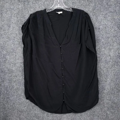 Joie Top 女式 M 中号黑色丝绸纽扣衬衫 V 领短袖口袋 — 第 1/4 张图片