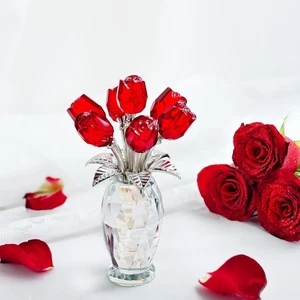 Cristal Rojo Rosa Flor Estatuilla Cristal Flor Ramo Regalo Día de la Madre San Valentín - Imagen 1 de 6