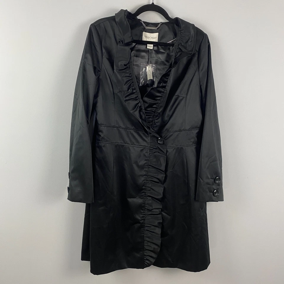 White House Black Market 夹克荷叶边正装黑色缎面外套 14 码 — 第 1/4 张图片