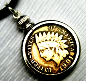 Anhänger Halskette echt 1901 Indianerkopf Penny Münze schönes Geschenk Motorrad Biker  - Bild 1 von 4