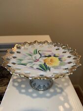 Ucagco Vintage Handpainted Floral Compote, Gold Accents, gilded edge. EUC
