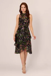 NWT $179 Adrianna Papell Floral Chiffon Halter Midi Dress With Flounce Hem 10 - Picture 1 of 7