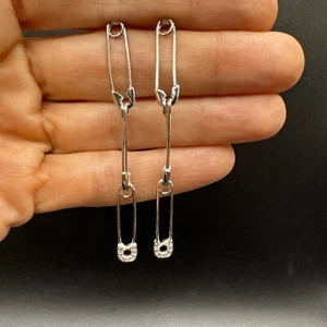 New Condition Sterling Silver CZ Safety Pin Dangle Earrings 2.5” 925 - Picture 1 of 5