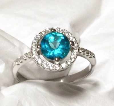 Deslumbrante anel Pariaba topázio azul e branco CZ 925 prata esterlina tamanho 9🌹 - Imagem 1 de 4