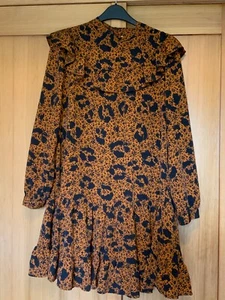 Never worn TopShop ochre animal print long sleeve short dress size 10 with frill - Picture 1 of 8