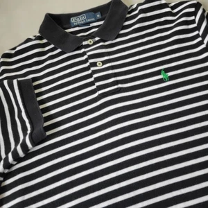 Polo Ralph Lauren Striped Polo Shirt Mens M Green Logo Black White - Picture 1 of 8
