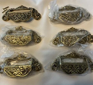 Antique Ornate Hardware Cabinet Pulls Victorian Apothecary Label Holders nip - Picture 1 of 3