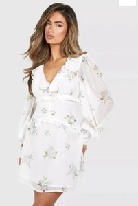 Size 12 Boohoo FLORAL CHIFFON RUFFLE MINI DRESS Wedding Summer Holiday Dress - Picture 1 of 3