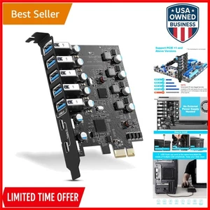 PCI-E USB Expansion Card 7 Ports USB-C & Type-A Desktop PC Support Windows Mac - Photo 1/9