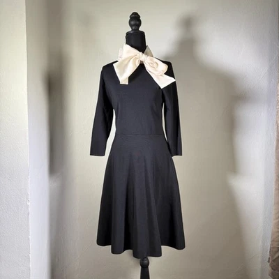 Zara Dress Womens XL Black Midi Fit Flare Scarf 60s Stewardess Goth - Image 1 of 4