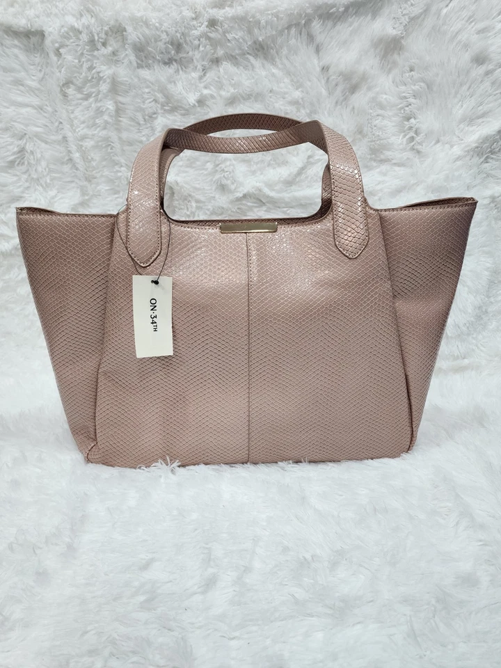 Macy's On 34th Faux Leather Snake Embossed XL Large Tote Bag Chai Beige