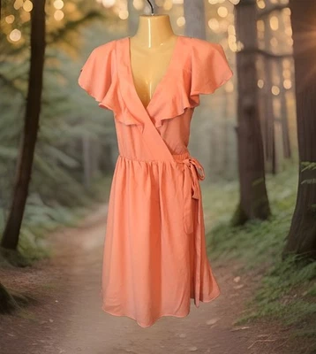 Ruffled Cap Sleeve Wrap Dress Size Medium Blush Pink Knee Length Fit & Flare - Image 1 of 4