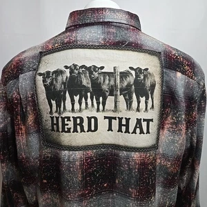 Angry Minnow Herd That Flannel Shirt Mens Size XL Red Gray Bleach Splatter Cows - Picture 1 of 10