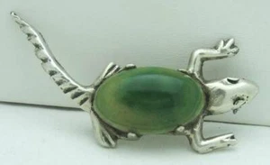 UNIQUE ESTATE MEXICAN GREEN STONE STERLING SILVER LIZARD BROOCH/PIN, 2 & 3/4" - Picture 1 of 5