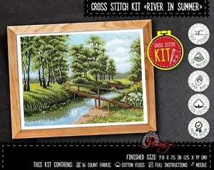 River in summer Cross Stitch Kit - Landscape Embroidery Kit - DIY Home Decor - Picture 1 of 10