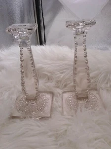 Crystal Pink Taper Glass 7 1/2" Candle Holders Set of 2 - Picture 1 of 3