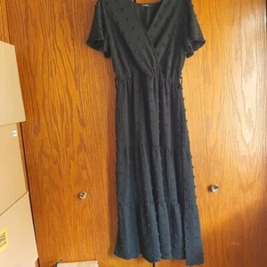 NEW ! Fashion Maxi VNeck High Waisted Ruffle Tiere Swiss Dot Dress Black Size S - Picture 1 of 7