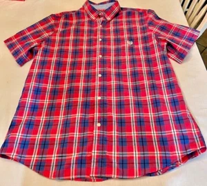 Chaps Men’s Easy Care Short Sleeve Shirt Size XL Red Blue Plaid Crest - Picture 1 of 8