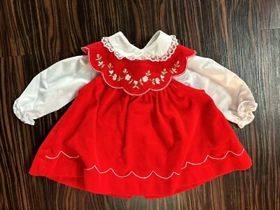 Vintage Tiny Tots Girl 3 - 6 Mo Red Floral Dress Apron 2 Piece Set - Image 1 of 4