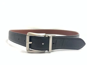 Men's Belt 34 Black Brown Pebbled Leather Reversible Silver Buckle Casual Dress - Picture 1 of 19