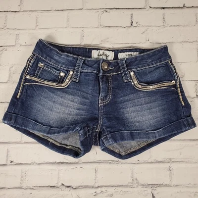 Daytrip Scorpio Shorts Women 27 Blue Denim Low Rise Thick Stitch Fade Rhinestone - Image 1 of 4