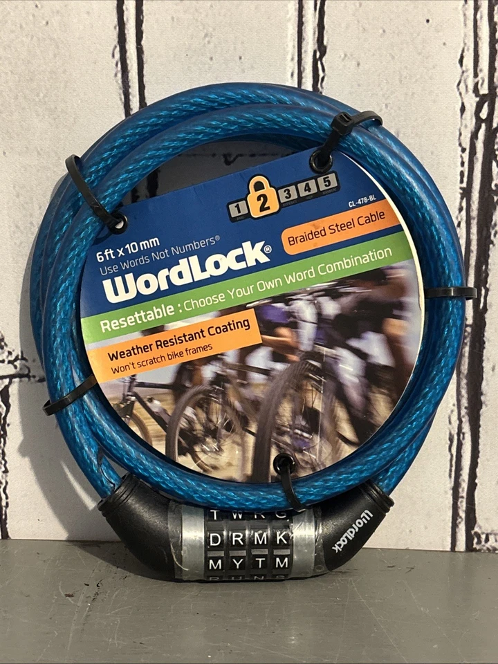 WordLock Flexible Steel Cable Bike Lock Resettable Blue 6ft 10mm