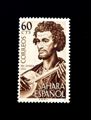 Selo SAHARA ESPANHOL - 1953 homem tocando guitarra Sn 69 perfeito estado OG LH r39 - Imagem 1 de 2