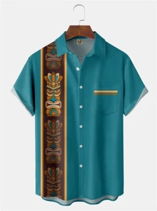 Tiki Chest Pocket Short Sleeve Bowling Hawaiian Shirt - Picture 1 of 2