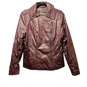 Chaqueta de motociclista Guess de cuero sintético acolchada borgoña XL - Imagen 1 de 7