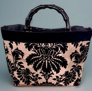 Tropical Palm Beach Handtasche Champagner Gold/Schwarz Damast Muster Bambusgriffe - Bild 1 von 9