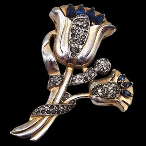 Broche Flor Mazer De Colección Zafiro Azul Estrás Tulipán Grande Pavé Tono Dorado LEER - Imagen 1 de 21