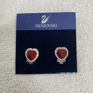 Vintage Women's Swarovski Red & Clear Crystal Curved Heart Clip On Earrings EUC - Picture 1 of 11