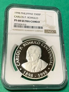 PHILIPPINES 1998 500 PISO CARLOS P ROMULO COMMEMORATIVE SILVER NGC PF 68 UC - Picture 1 of 4