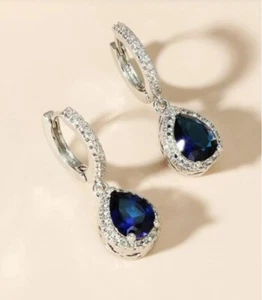 Silver Metal Royal Blue Teardrop Zircon Drop Decor Earrings Jewellery Wedding - Picture 1 of 3