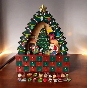 Wooden Christmas Tree Advent Calendar 18" READ 22 Ornaments with 2 Missing - Picture 1 of 17
