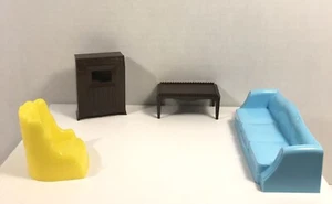 Vintage Plasco Dollhouse Furniture Living Room Chair Table TV Sofa 4 Piece USA - Picture 1 of 24