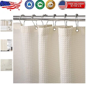Weighted Hem Shower Curtain 72x84 - Hotel Style Cream Waffle Fabric with Hooks - Picture 1 of 9