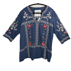 Caite besticktes Top Damen X-Large Bohemian Baumwolle Kurzarm blau anthro - Bild 1 von 11