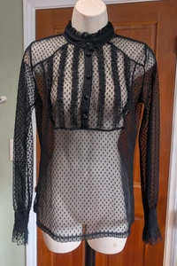 Austere Devotion GOTHIC transparente schwarze Spitzenbluse gepunktet Rüschen Langarm - Bild 1 von 14